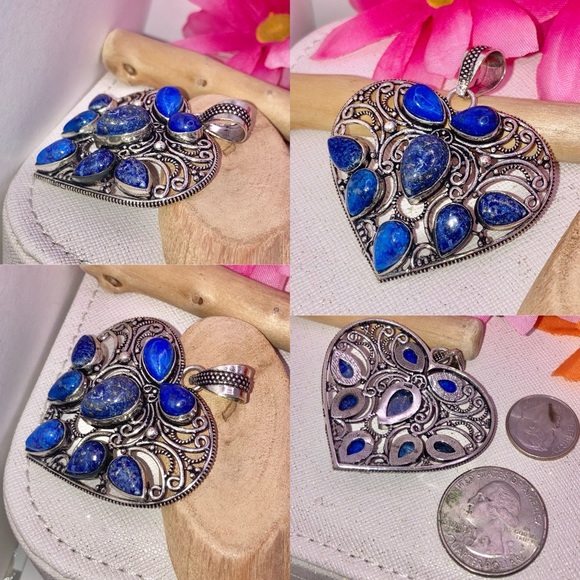 Lovely Lapis Lazuli Gemstone Handmade Filigree Heart Pendant - Picture 4 of 6